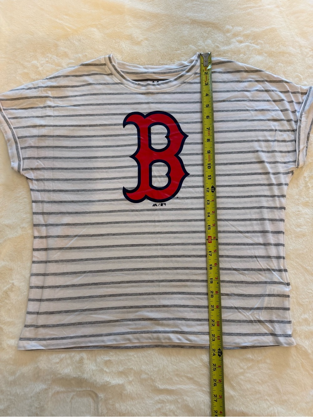 Majestic White & Gray Striped Tee with Red 'B' Logo